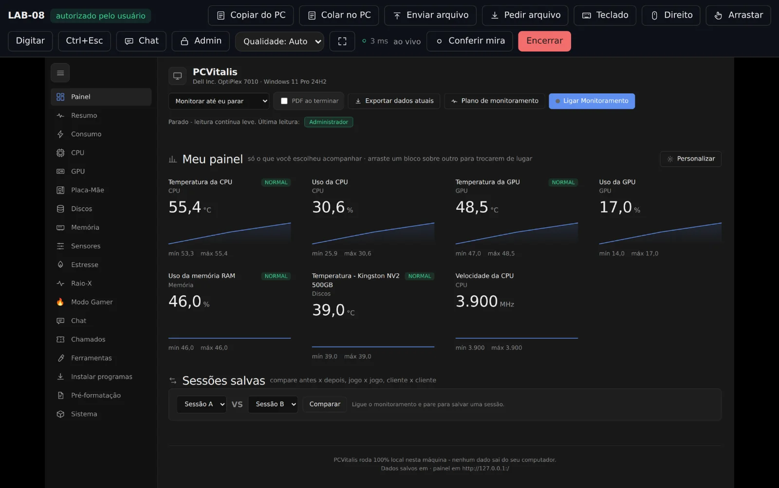 Sessão de acesso remoto no PCVitalis